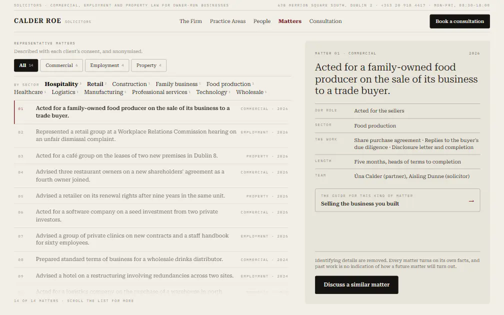 CALDER ROE — Matters page