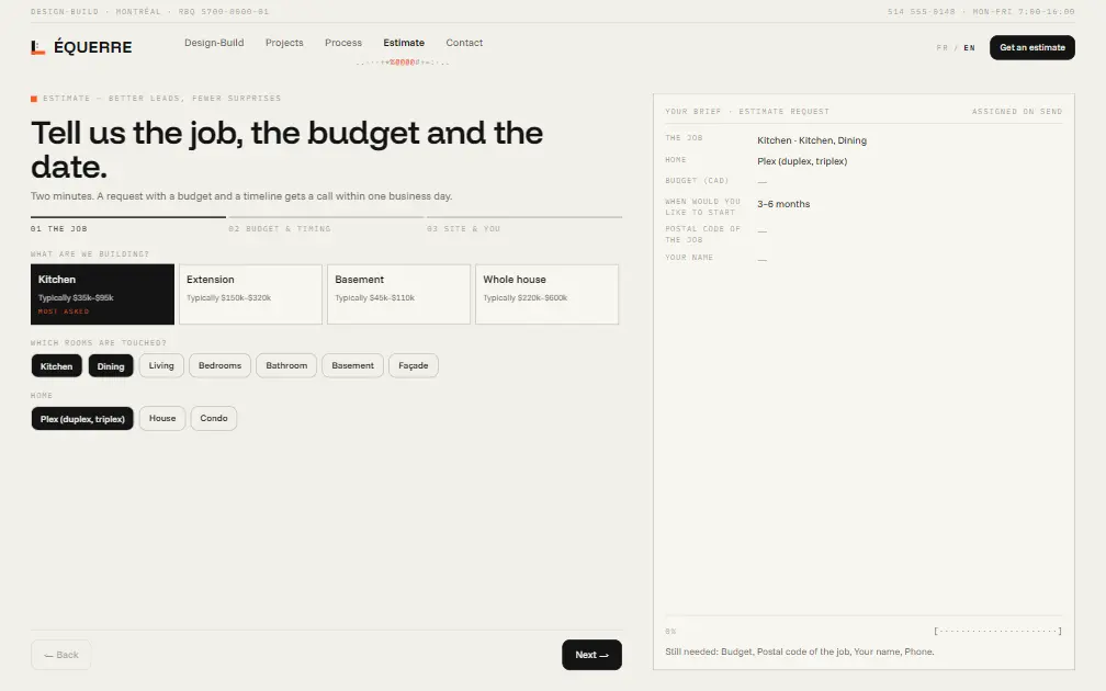 ÉQUERRE — Estimate page