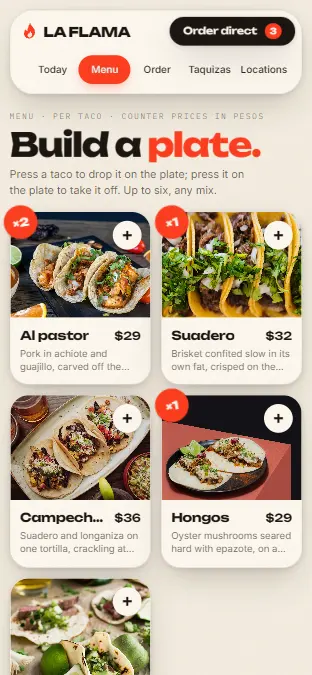 LA FLAMA — Menu, on a phone