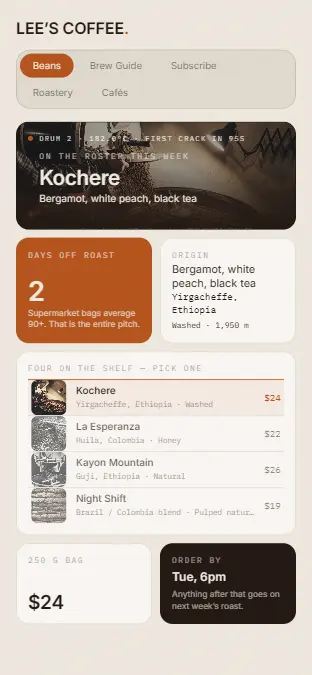 LEE’S COFFEE — Beans, on a phone