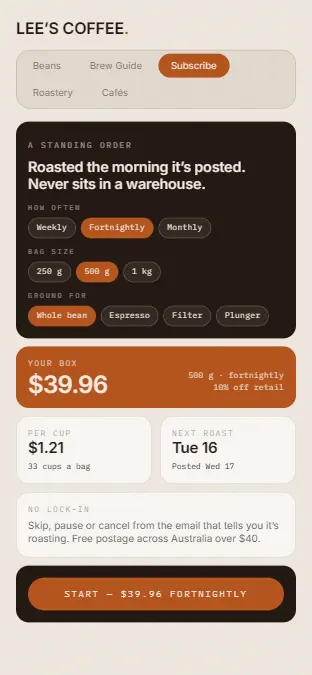 LEE’S COFFEE — Subscribe, on a phone
